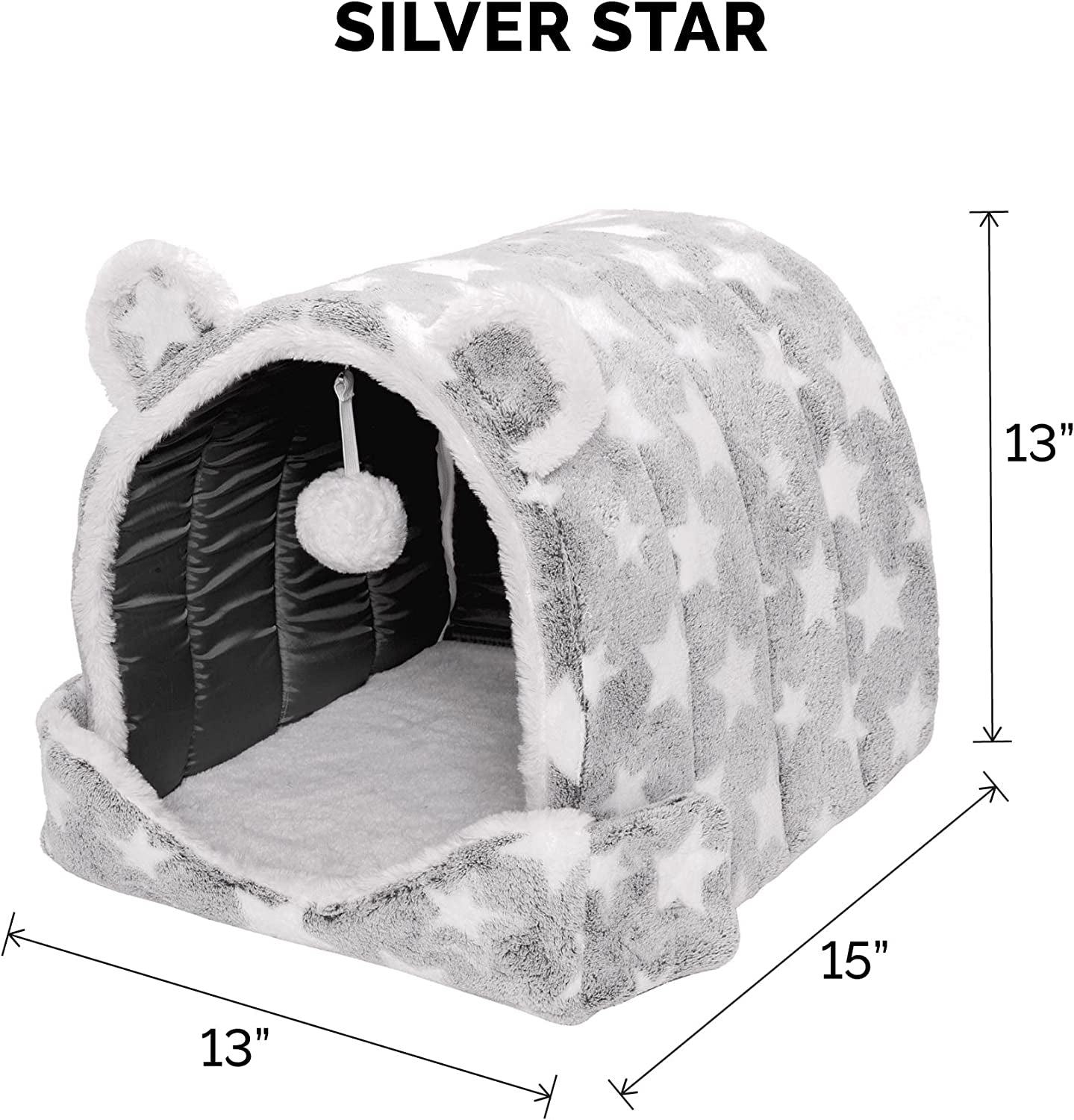 Furhaven Cat Bed Cave for Indoor Cats & Small Dogs, Washable & Foldable W/ Plush Ball Toy - Cozy Cave-Bear Pet Tent - Silver Stars, Small