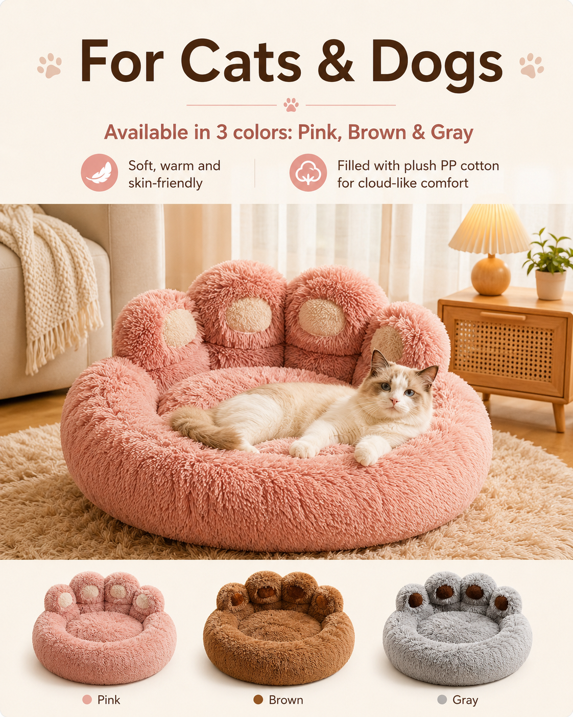 Fold Paws Plush Paw Print Pet Bed - 360 Degree Cozy Nest for Cats & Dogs