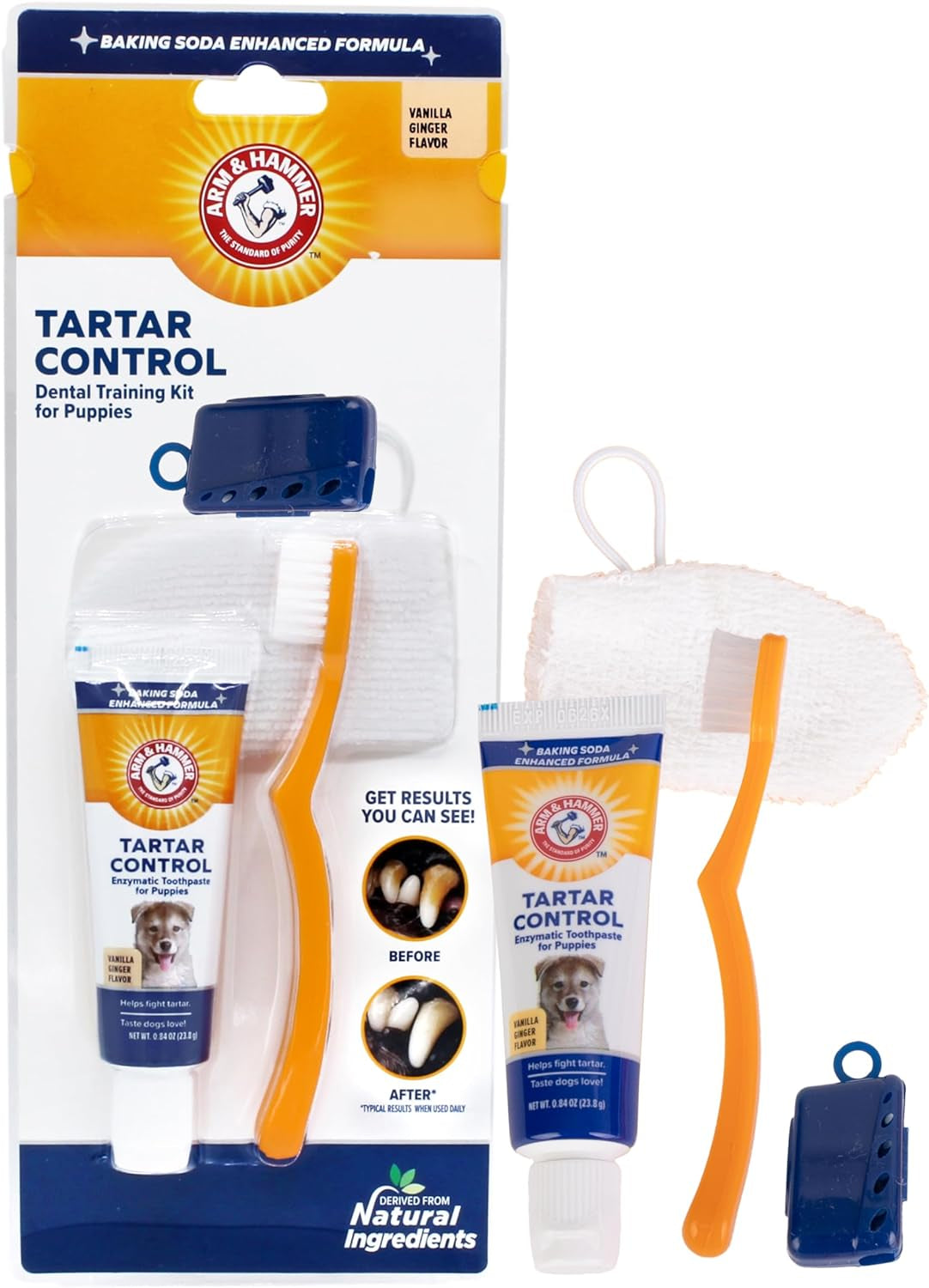 Arm & Hammer for Pets Tartar Control Kit for Dogs | Contains Toothpaste, Toothbrush & Fingerbrush | Reduces Plaque & Tartar Buildup, 3-Piece Kit, Banana Mint Flavor