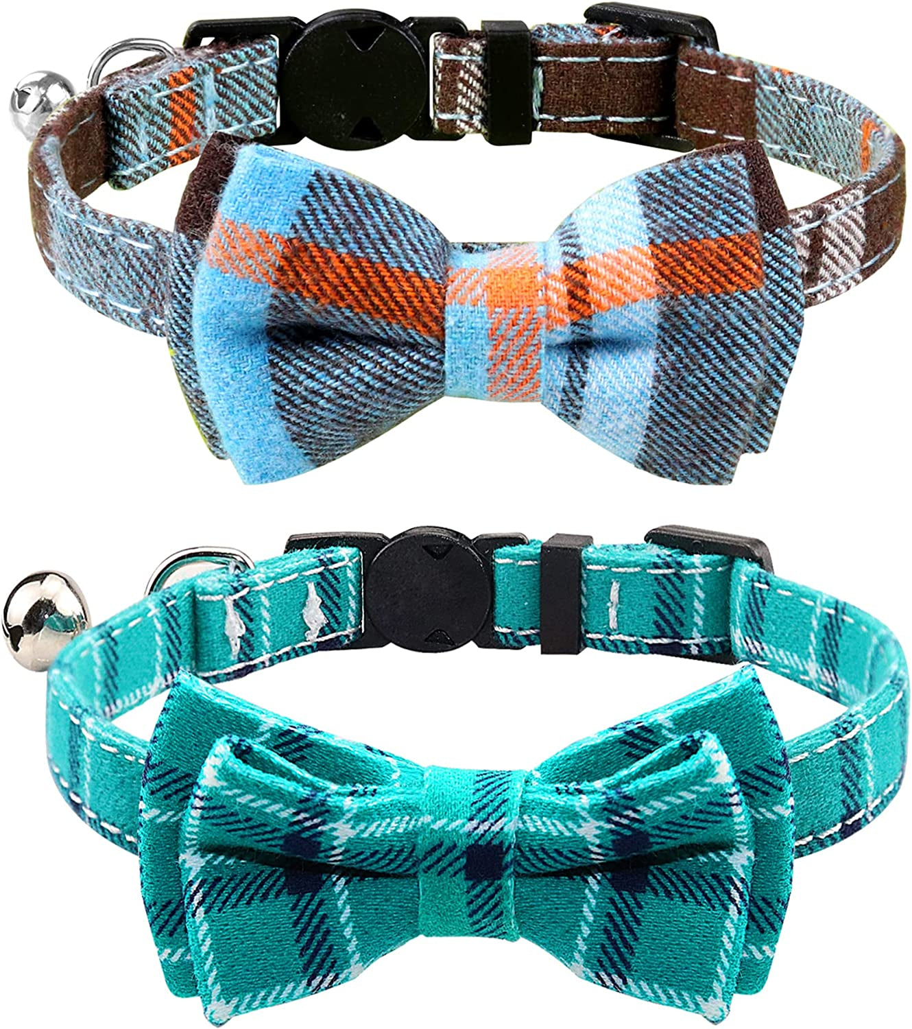 Joytale Upgraded Cat Collar with Bells, Breakaway Cat Collars with Bow Tie, 1 Pack Girl Boy Safety Plaid Kitten Collars, Haze Blue