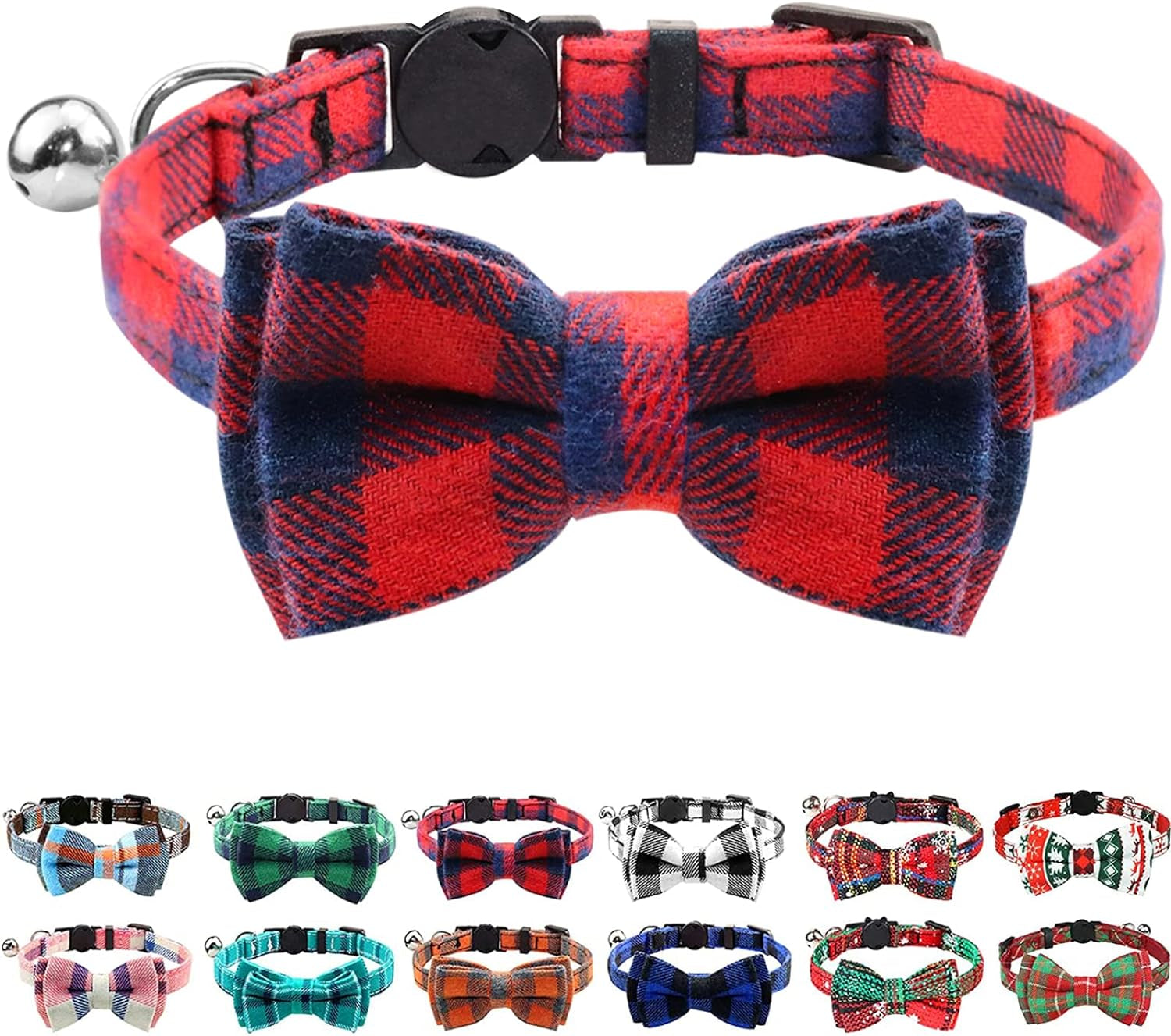 Joytale Upgraded Cat Collar with Bells, Breakaway Cat Collars with Bow Tie, 1 Pack Girl Boy Safety Plaid Kitten Collars, Haze Blue