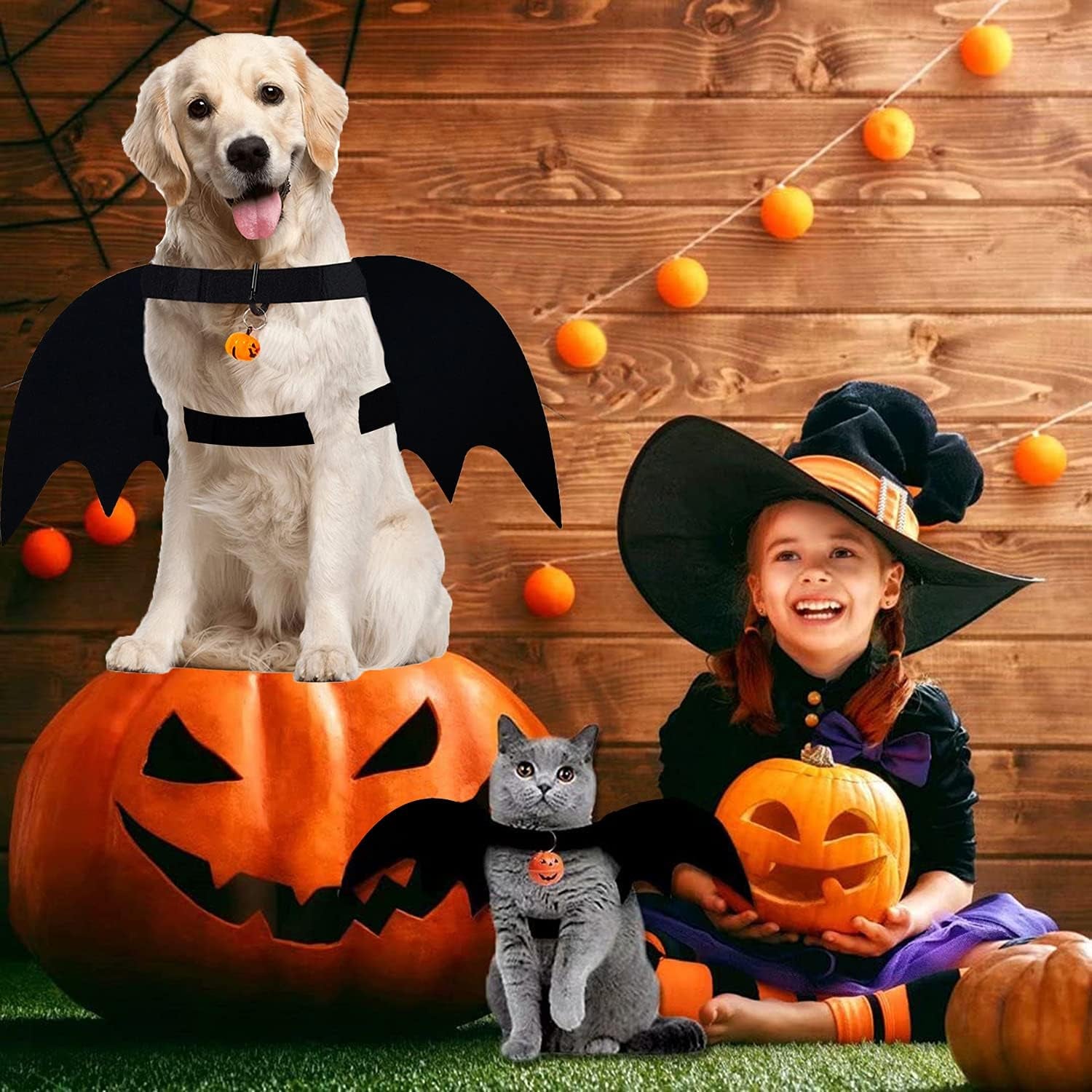 Dog Bat Wings, Pet Halloween Costume for Medium Large Dogs Funny Dog Clothes with Leads and Pumpkin Bells Puppy Dress up Halloween Decorations Apparel