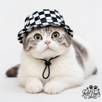 Cat wearing black and white checkered Fold Paws bucket hat