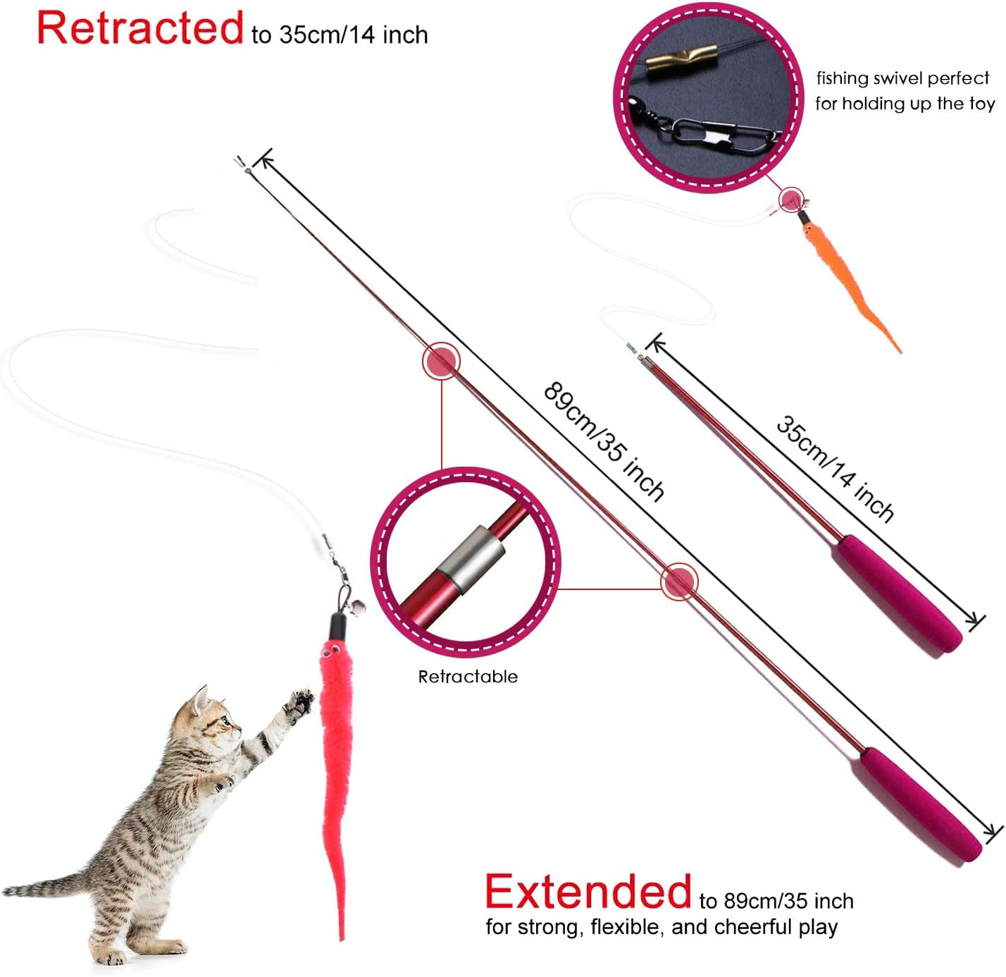 Retractable Cat Toys Wand with 5 Piece Teaser Refills, Interactive Cat Feather Toy for Cat Kitten Having Fun Exerciser Playing, Red