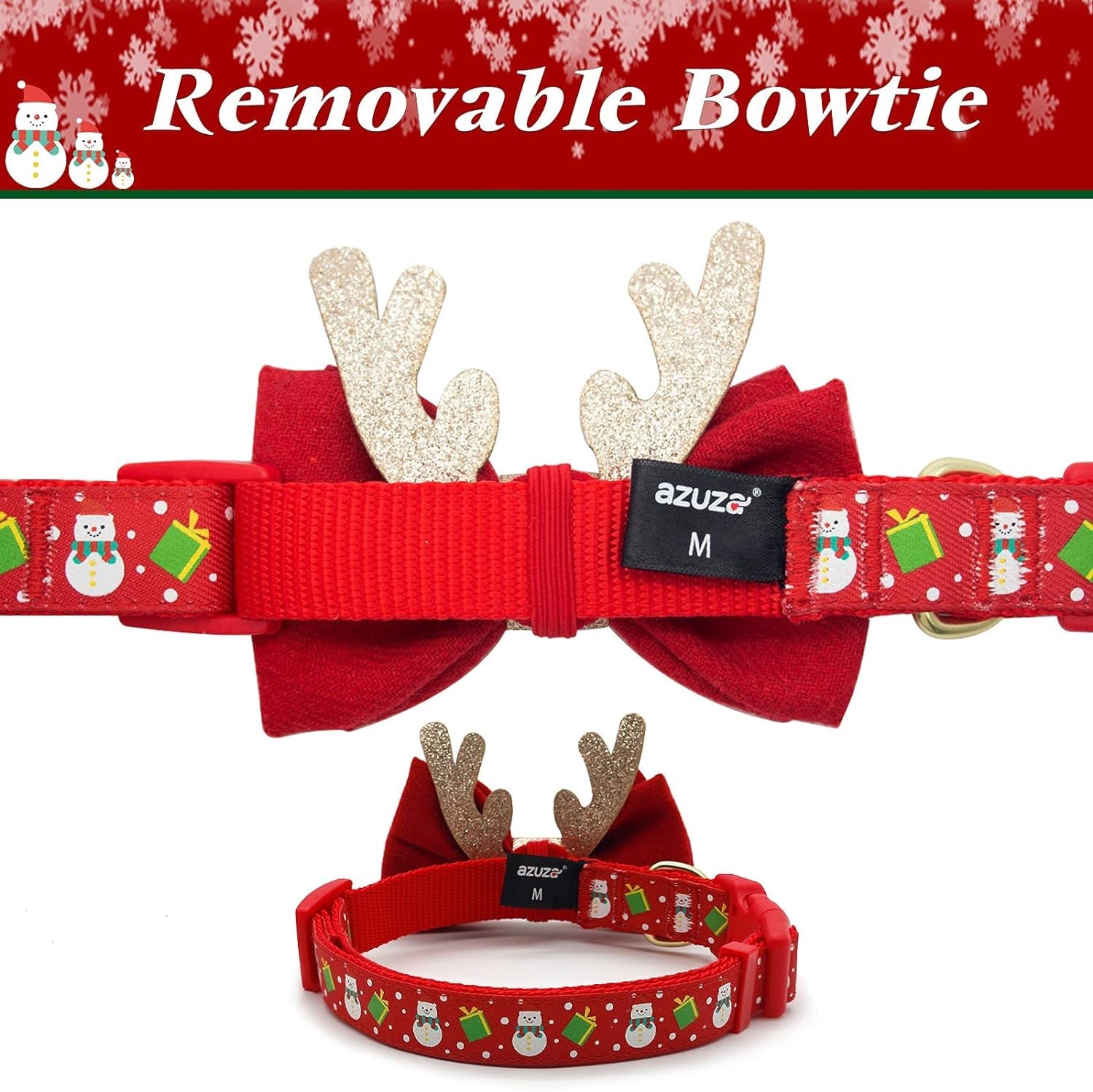 Azuza Christmas Dog Collar, Adjustable Dog Collar with Antler Bow Tie, Snowman Design for Medium Dogs