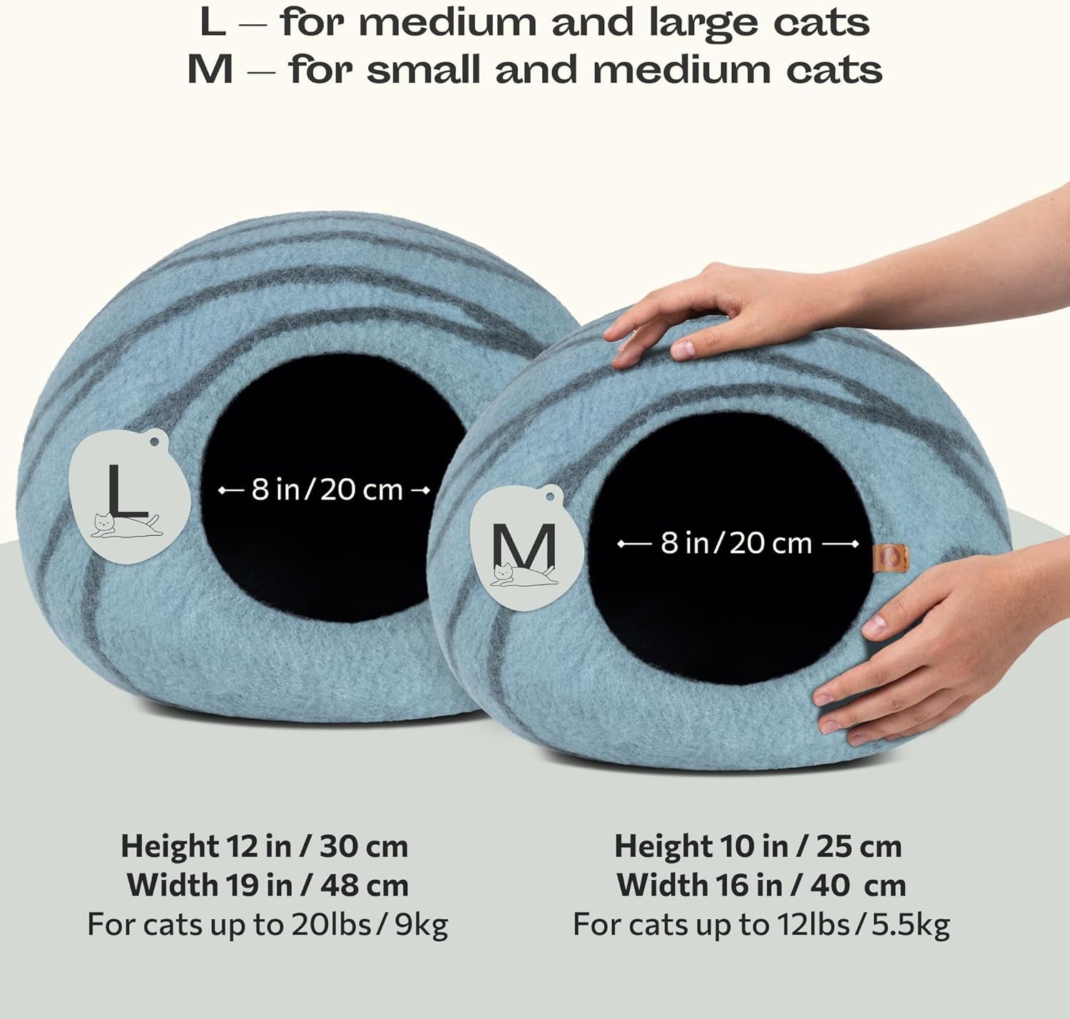 MEOWFIA Cat Bed Cave Premium Felt - Handmade 100% Merino Wool Bed for Cats and Kittens (Light Shades) (Medium, Aquamarine)