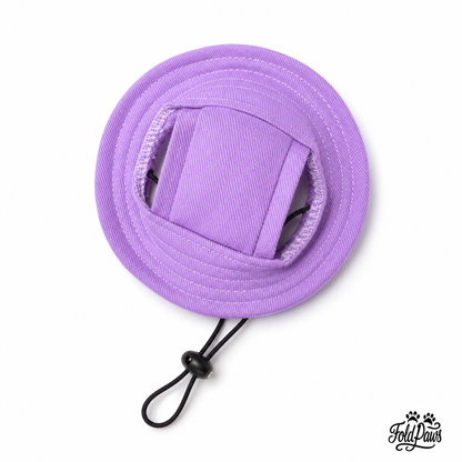 Purple Fold Paws cat bucket hat with ear openings on white background