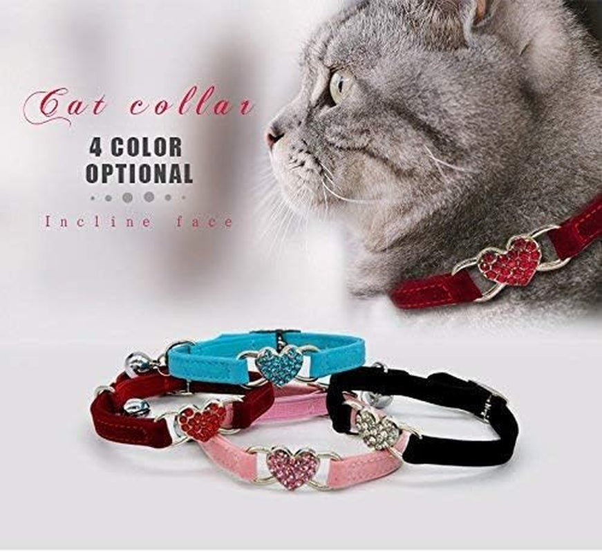 CHUKCHI Pink Soft Velvet Safe Cat Adjustable Collar with Crystal Heart Charm and Bells 8-11 Inches(Black+Red+Pink+Blue)