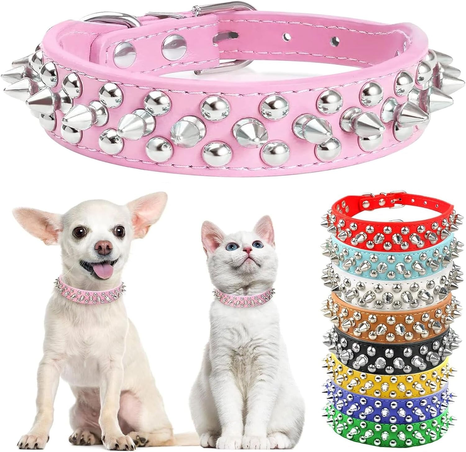 Spiked Dog Cat Collar, Soft White Leather Adjustable Puppy Collar with Studded Spikes, Anti-Bite Design for Small Dogs & Cats (XS, White)