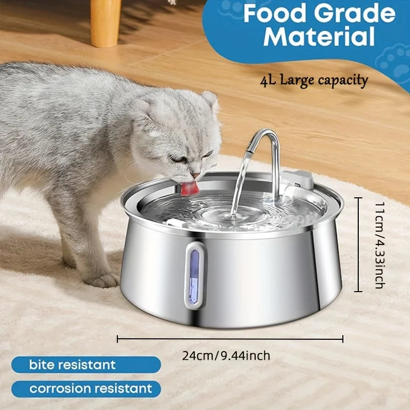 Stainless Steel 4L Cat Water Fountain – Ultra Quiet Automatic Pet Water Dispenser with Filter for Dogs & Cats - Fold Paws