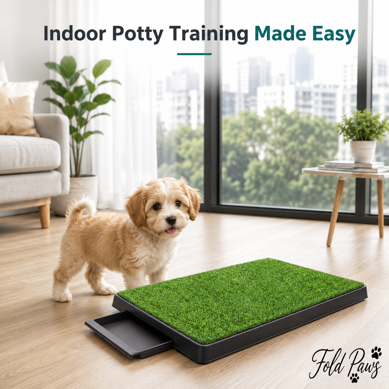 Fold Paws Artificial Grass Dog Potty Tray - 3-Layer Indoor Puppy Training Pad