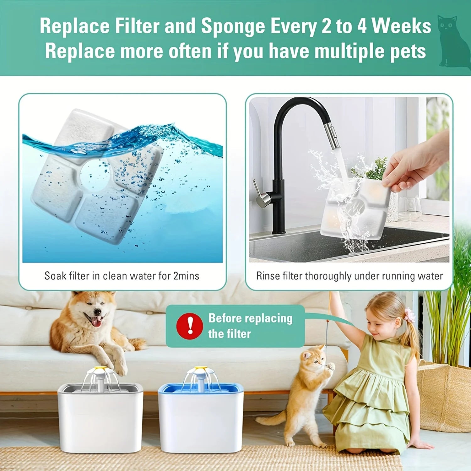4-Pack Cat Fountain Filters – Triple Filtration Replacement for 80oz/2.5L Square Automatic Pet Water Dispensers - Fold Paws