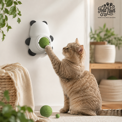 Cat playing with Fold Paws panda catnip wall toy in a bright home setting