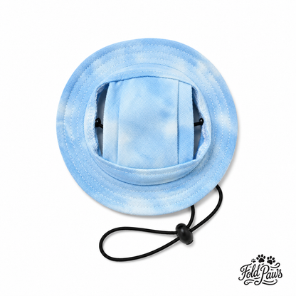 Light blue Fold Paws cat bucket hat with adjustable strap