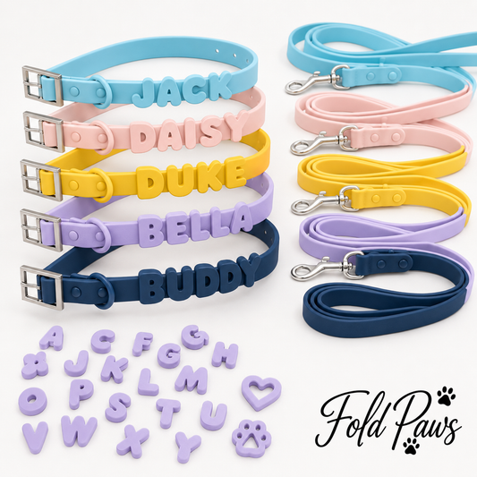 Fold Paws Personalized PVC Dog Collar & Leash Set - Custom Name Letters