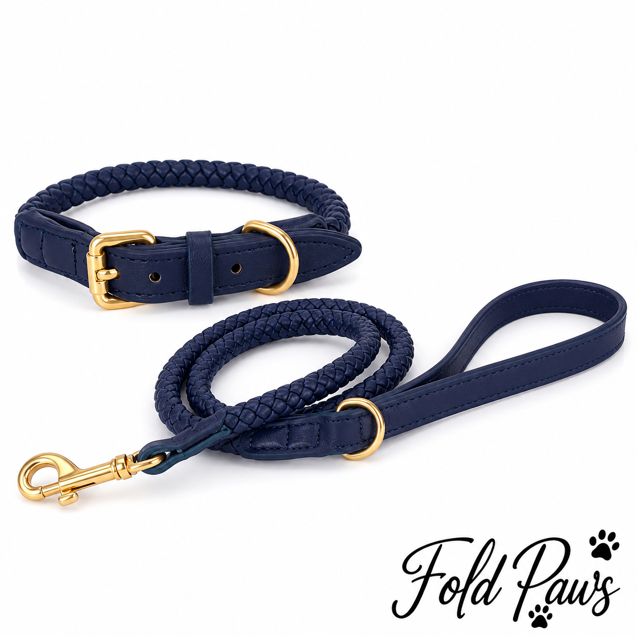 Fold Paws Braided Dog Collar & Leash Set - Personalized Name Collar