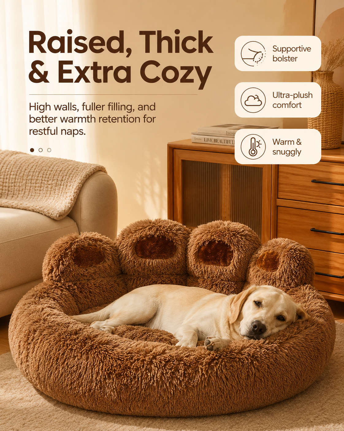 Fold Paws Plush Paw Print Pet Bed - 360 Degree Cozy Nest for Cats & Dogs
