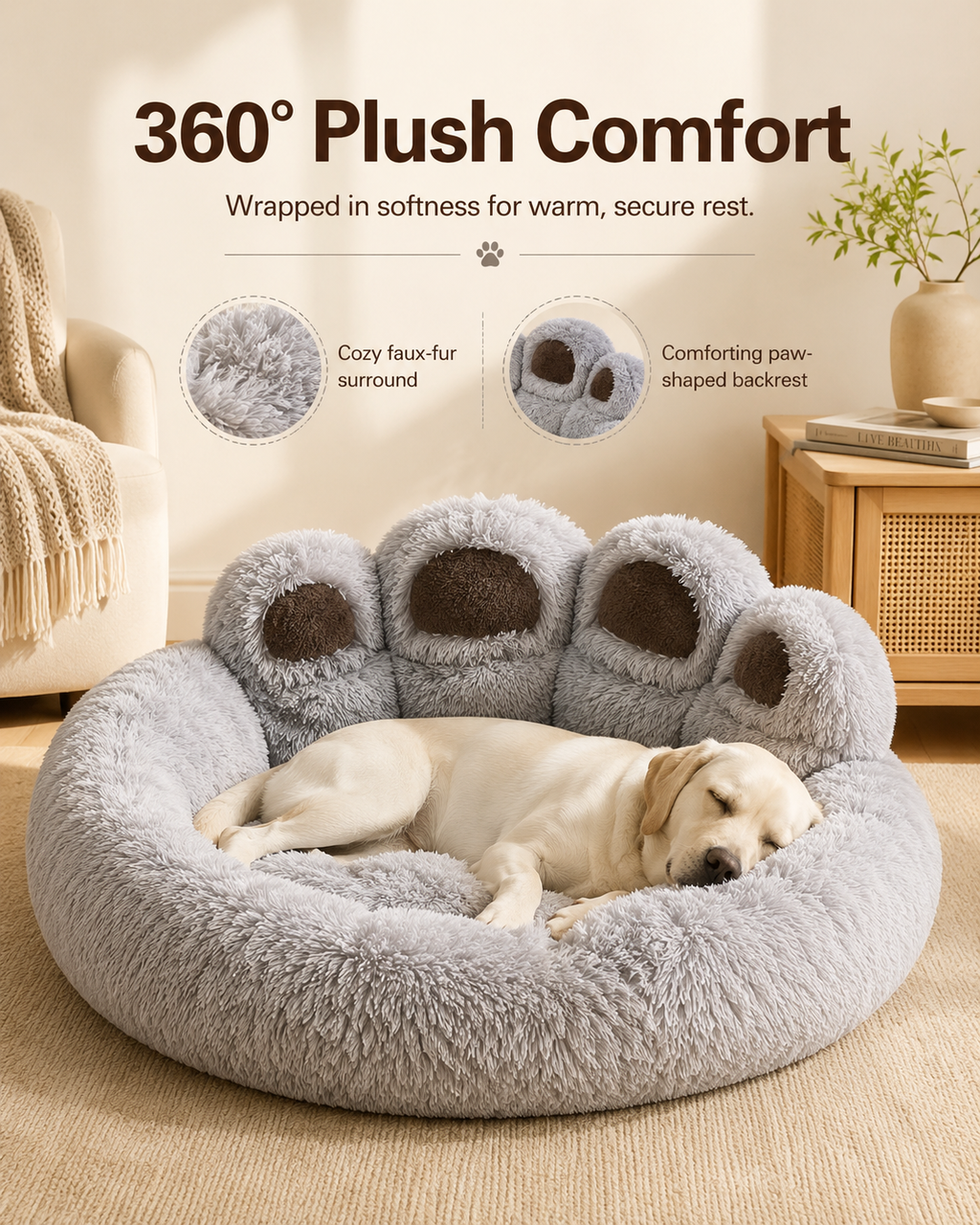 Fold Paws Plush Paw Print Pet Bed - 360 Degree Cozy Nest for Cats & Dogs