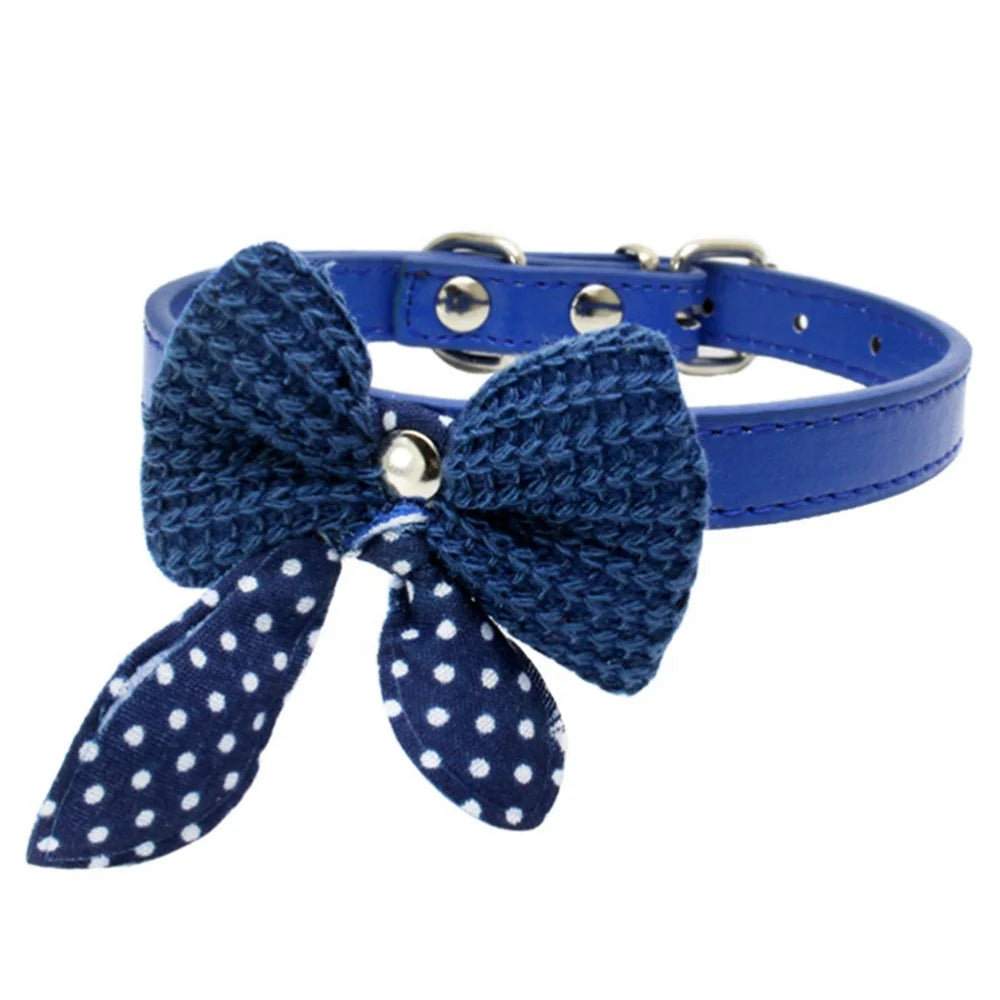 Economical Small Dogs Accessories Cute Solid Pattern Knit Bowknot PU Pet Collars