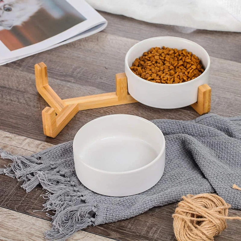 Ceramic Pet Bowl for Dog Cat Round Durable Double Dish Food Water Elevated Feeder with Wood Stand Accessories