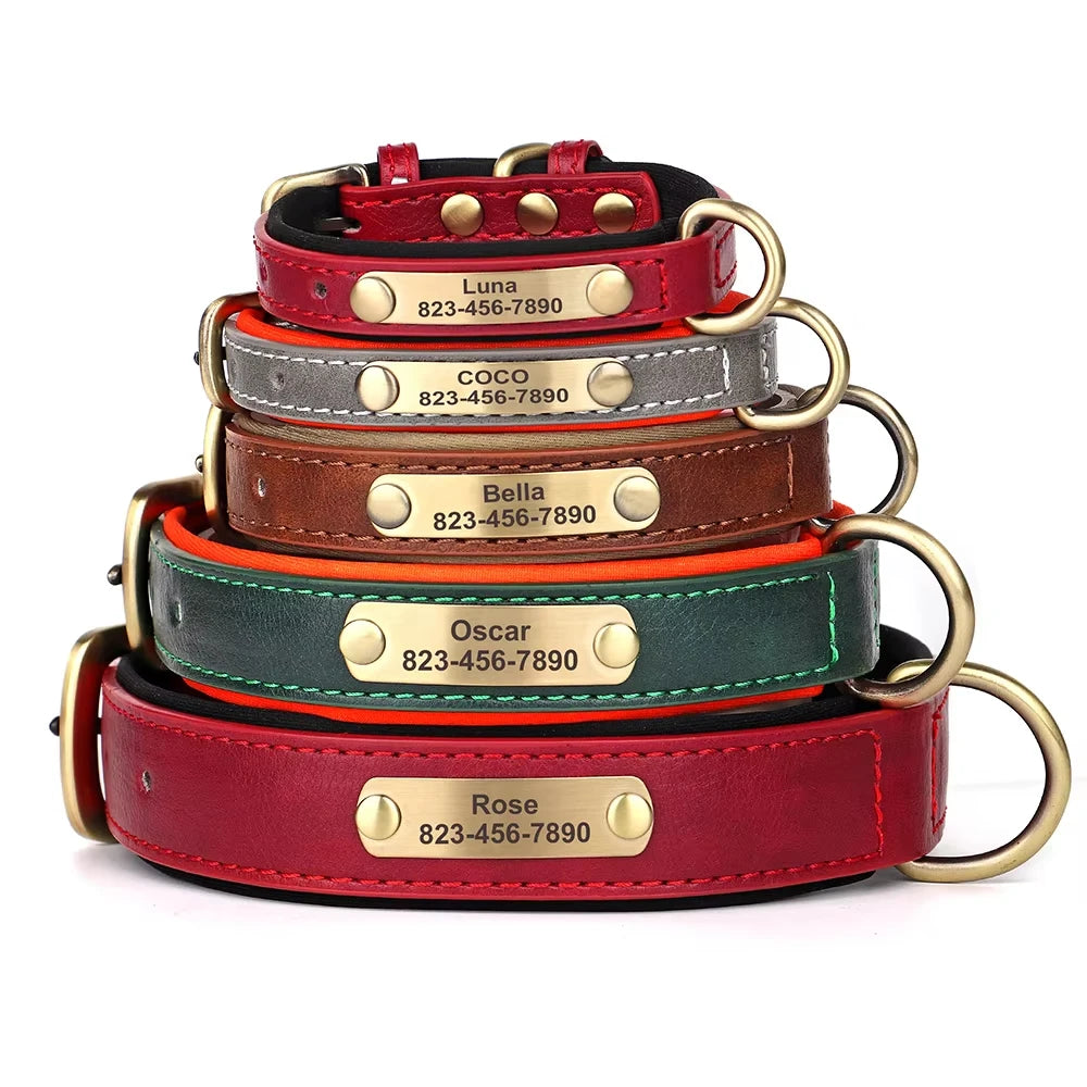 Leather Luxury, Custom Name Dog Collar Comfortable Pet Collars with Rivet Decoration Solid Pattern Anti-Lost Feature