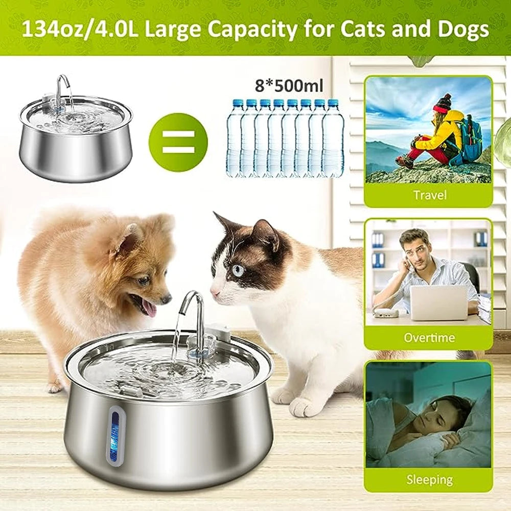 Stainless Steel 4L Cat Water Fountain – Ultra Quiet Automatic Pet Water Dispenser with Filter for Dogs & Cats - Fold Paws