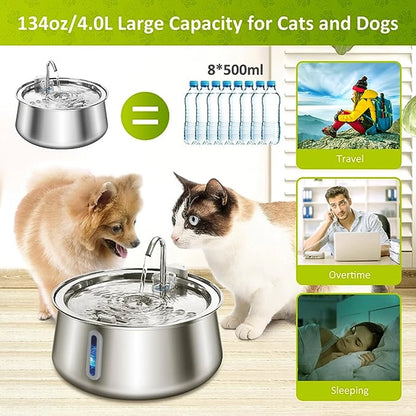 Stainless Steel 4L Cat Water Fountain – Ultra Quiet Automatic Pet Water Dispenser with Filter for Dogs & Cats - Fold Paws