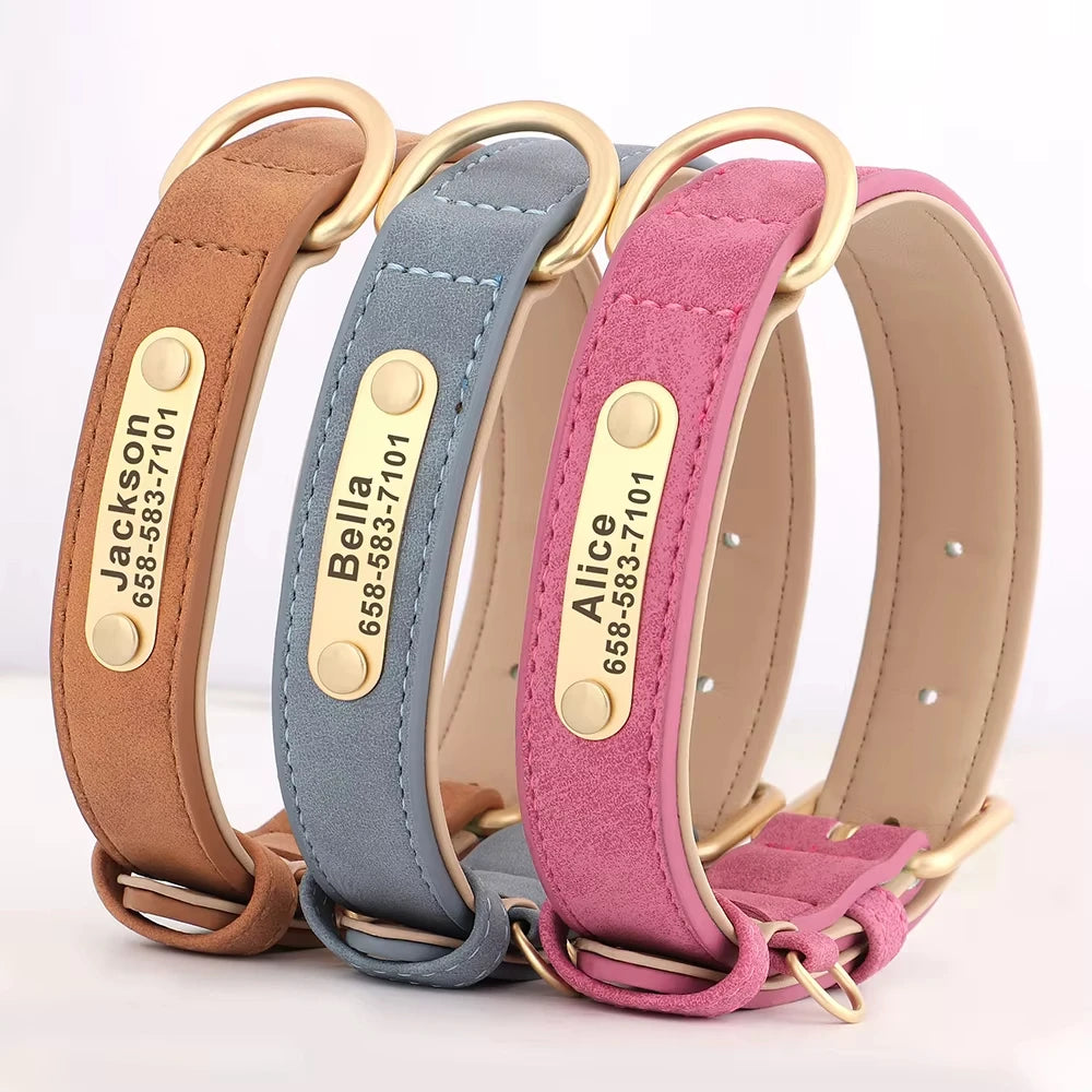 Leather Luxury, Custom Name Dog Collar Comfortable Pet Collars with Rivet Decoration Solid Pattern Anti-Lost Feature