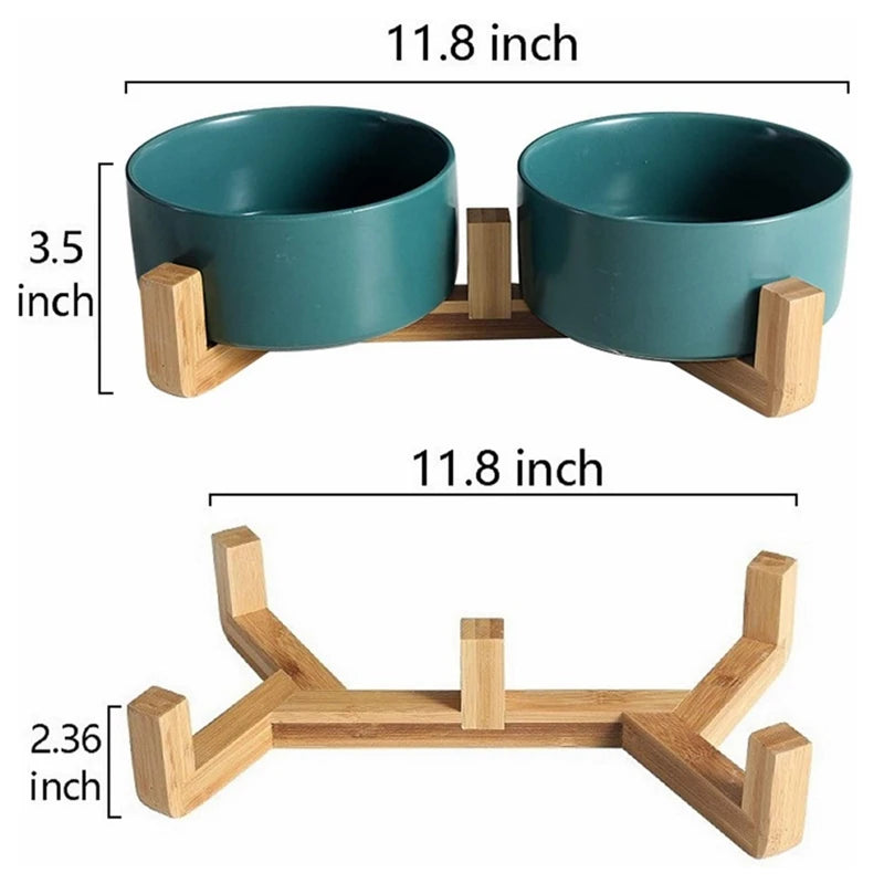 Ceramic Pet Bowl for Dog Cat Round Durable Double Dish Food Water Elevated Feeder with Wood Stand Accessories