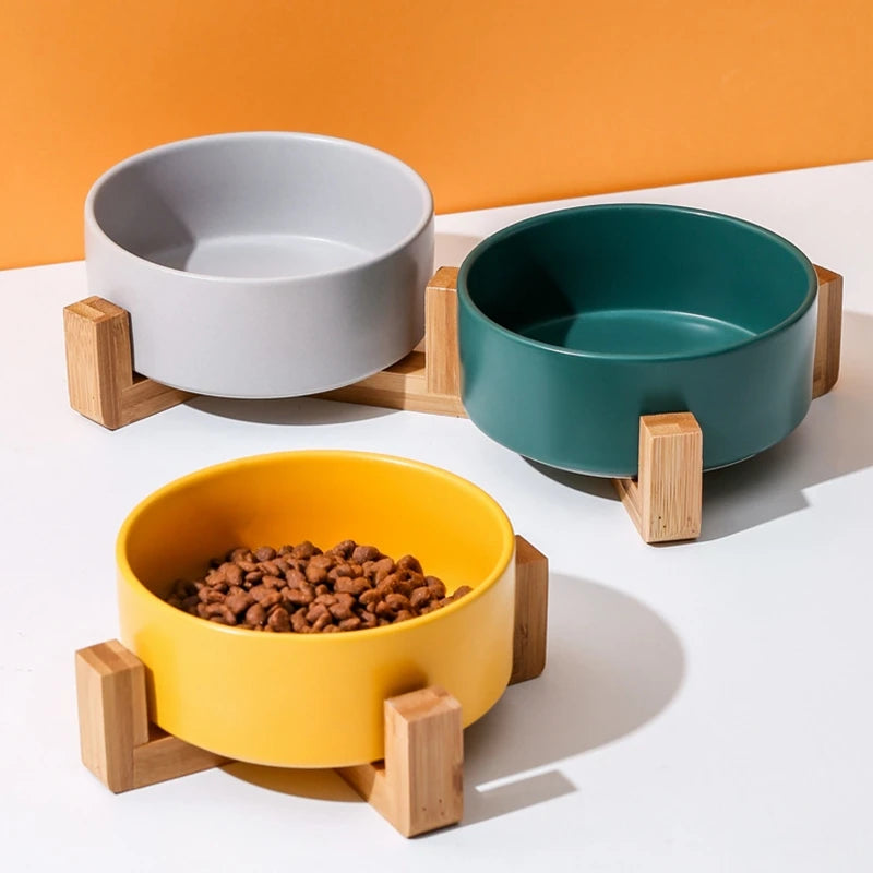 Ceramic Pet Bowl for Dog Cat Round Durable Double Dish Food Water Elevated Feeder with Wood Stand Accessories