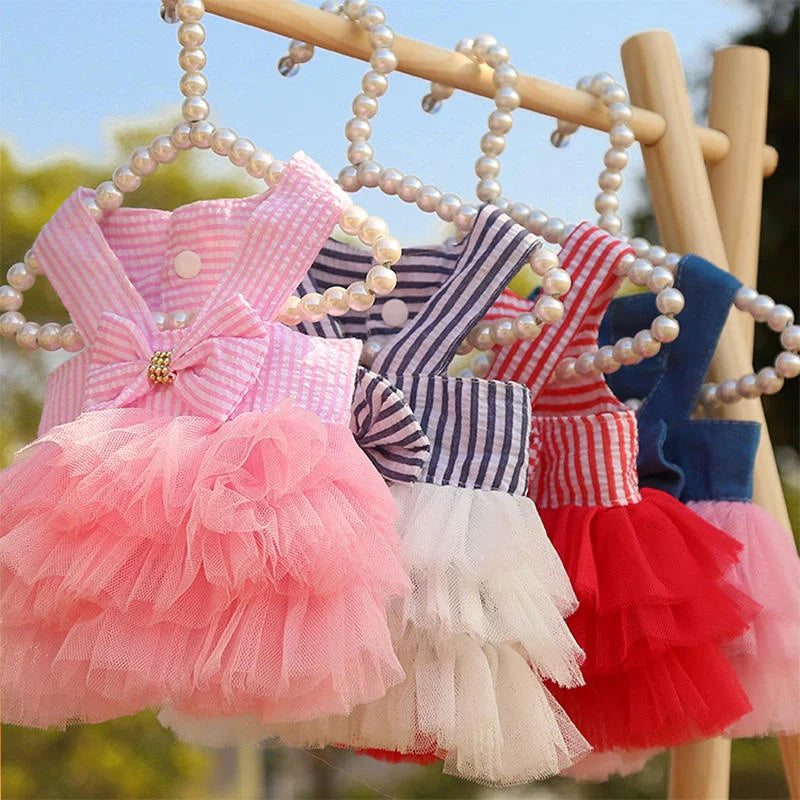 Spring Summer Cute Dog Dress Embroidered Lovely Princess Vest Dresses Pet Clothes Suspender Mesh Skirt Cat Camisole Bow Tie