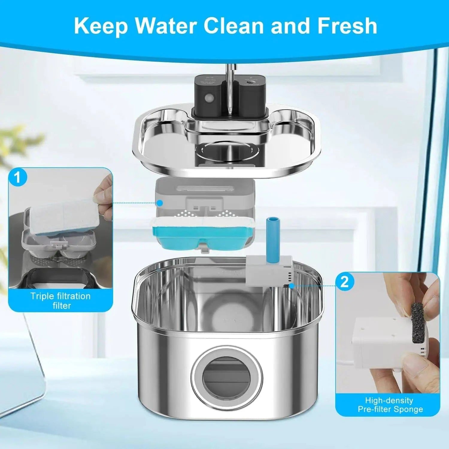 3pcs Smart Cat Water Fountain Filters for 108oz/3.2L Wireless Cat Water Fountain Battery Operated Stainless Steel Pet Feeder - Fold Paws