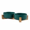Ceramic Pet Bowl for Dog Cat Round Durable Double Dish Food Water Elevated Feeder with Wood Stand Accessories