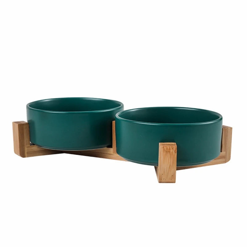Ceramic Pet Bowl for Dog Cat Round Durable Double Dish Food Water Elevated Feeder with Wood Stand Accessories