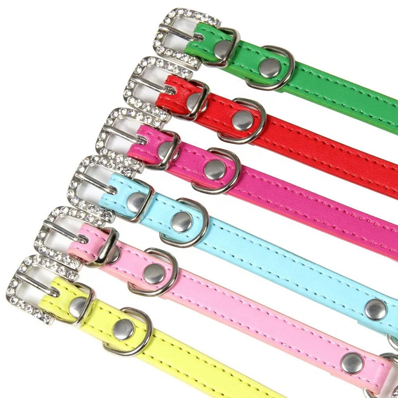 Luxury Shining Bling Bone Shape Rhinestone PU Leather Pet Blank Collar with Solid Pattern Small Dog Cat Collars with Buckle