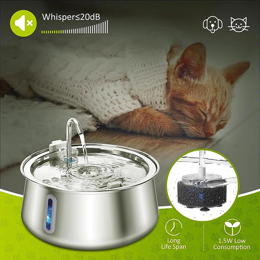 Stainless Steel 4L Cat Water Fountain – Ultra Quiet Automatic Pet Water Dispenser with Filter for Dogs & Cats - Fold Paws