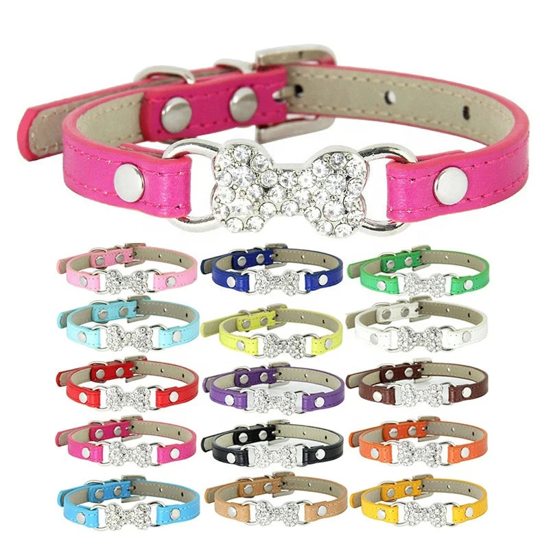 Luxury Shining Bling Bone Shape Rhinestone PU Leather Pet Blank Collar with Solid Pattern Small Dog Cat Collars with Buckle