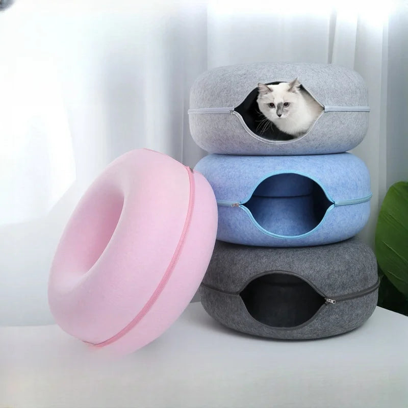 2023 New Design Pet Product Accessories Washable Cat Play Tunnels Felt Donut Cat Tunnel Bed Pets House Donut Pet Bed
