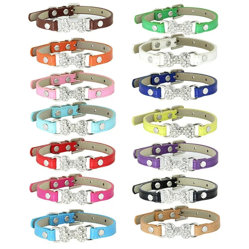 Luxury Shining Bling Bone Shape Rhinestone PU Leather Pet Blank Collar with Solid Pattern Small Dog Cat Collars with Buckle