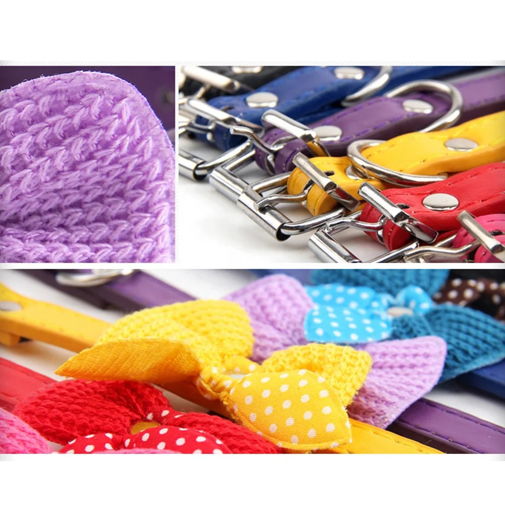 Economical Small Dogs Accessories Cute Solid Pattern Knit Bowknot PU Pet Collars