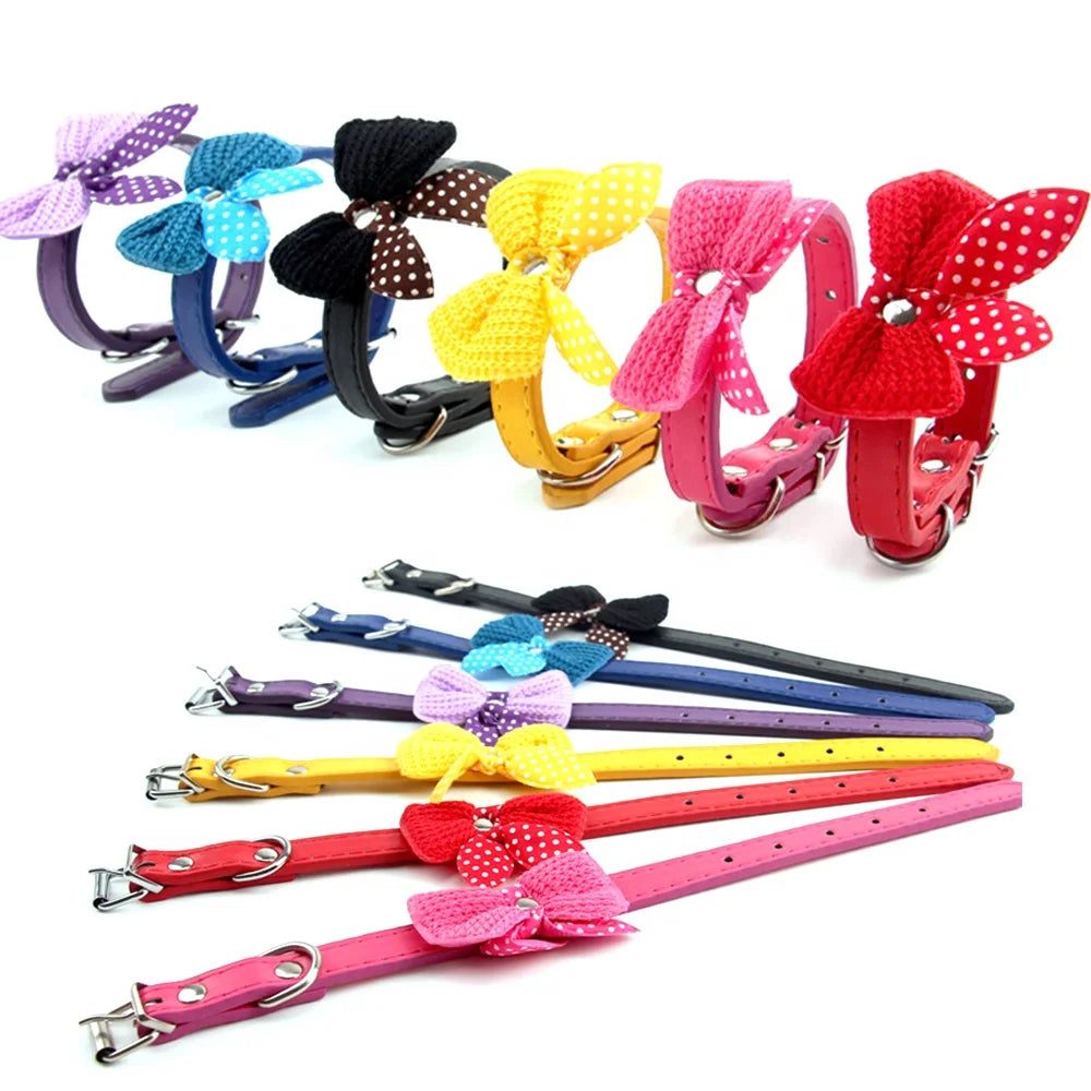 Economical Small Dogs Accessories Cute Solid Pattern Knit Bowknot PU Pet Collars