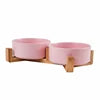 Ceramic Pet Bowl for Dog Cat Round Durable Double Dish Food Water Elevated Feeder with Wood Stand Accessories