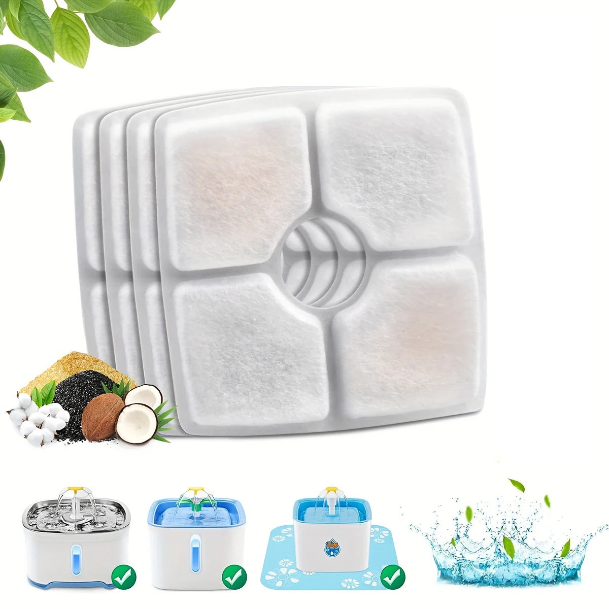 4-Pack Cat Fountain Filters – Triple Filtration Replacement for 80oz/2.5L Square Automatic Pet Water Dispensers - Fold Paws