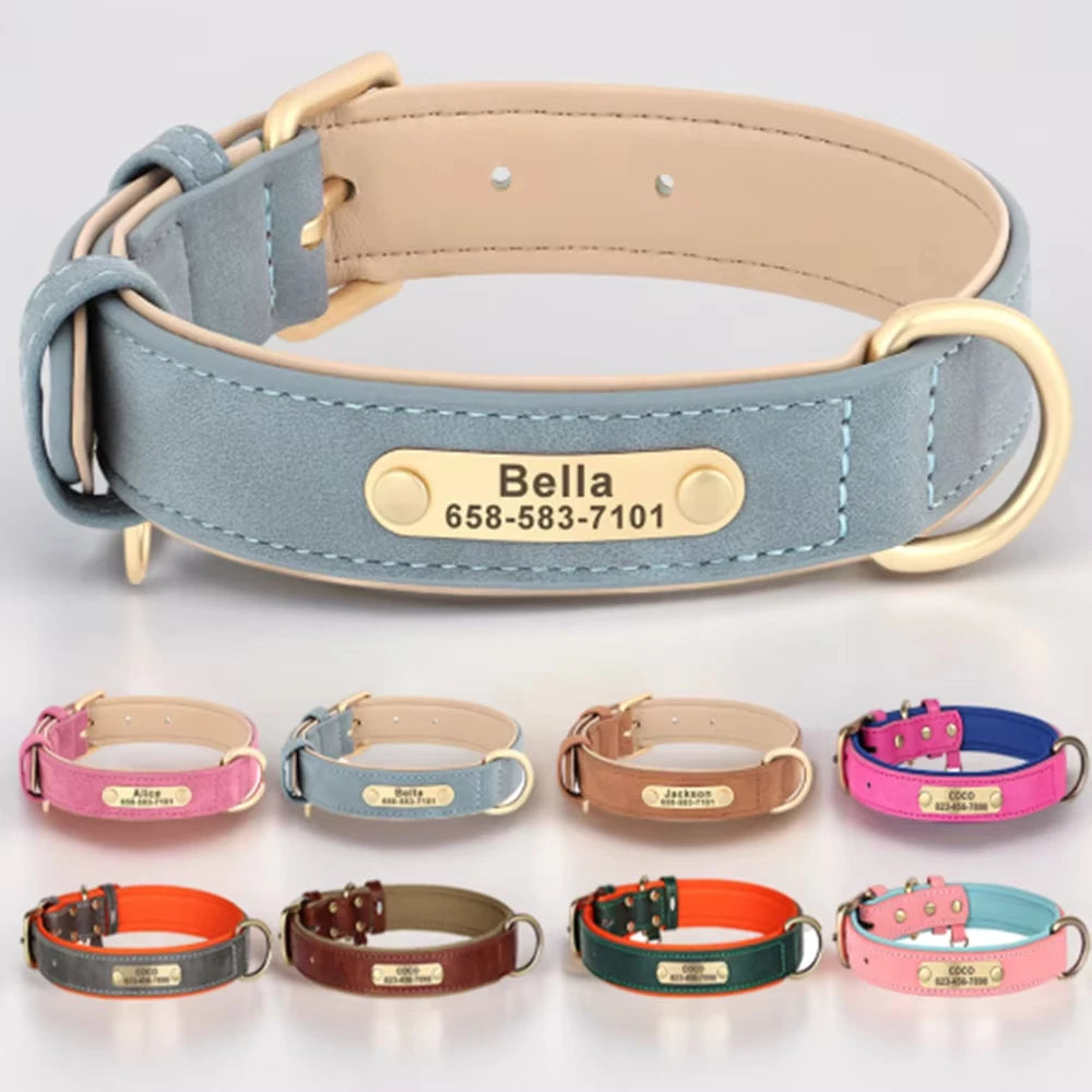 Leather Luxury, Custom Name Dog Collar Comfortable Pet Collars with Rivet Decoration Solid Pattern Anti-Lost Feature