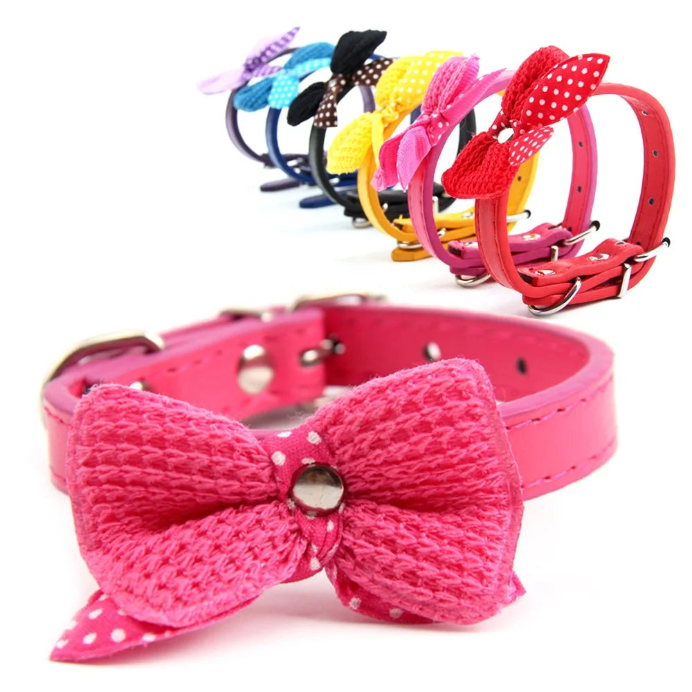 Economical Small Dogs Accessories Cute Solid Pattern Knit Bowknot PU Pet Collars