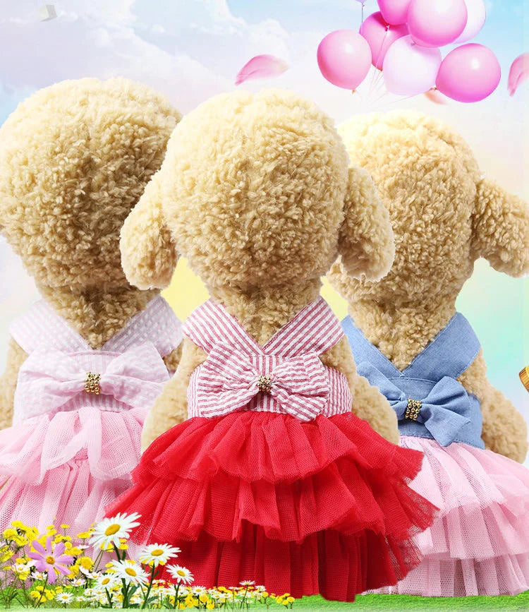 Spring Summer Cute Dog Dress Embroidered Lovely Princess Vest Dresses Pet Clothes Suspender Mesh Skirt Cat Camisole Bow Tie