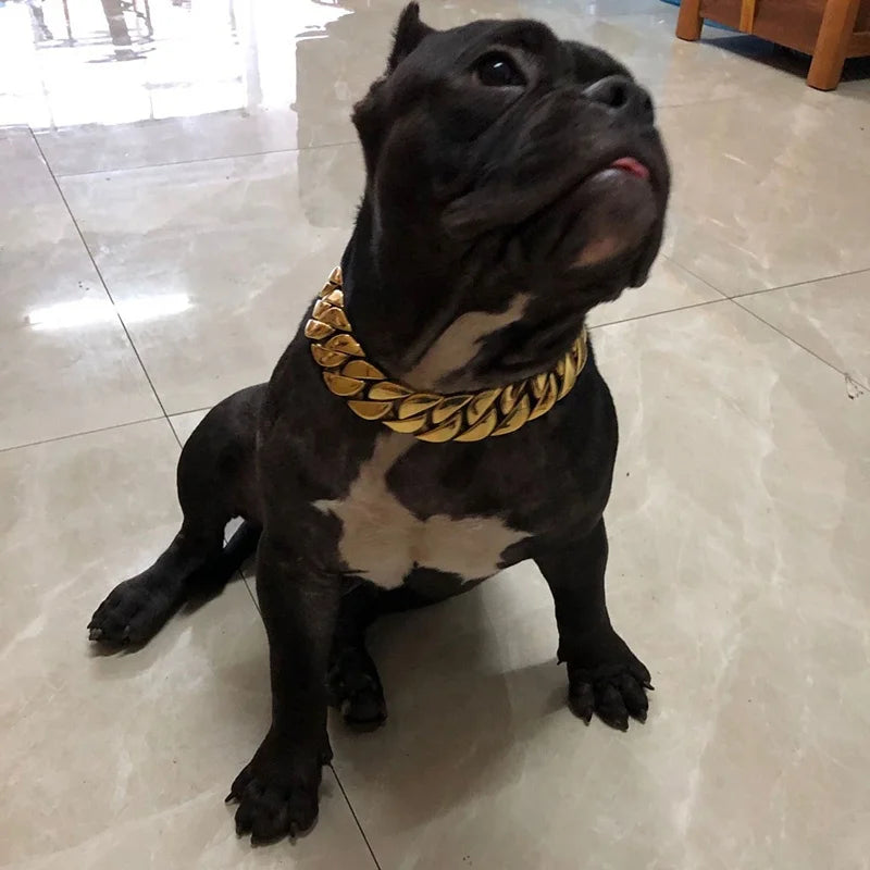Stainless Steel 32MM Bulldog Collar, Black Cuban Chain Dog Collar, Leash,Pet Supplies