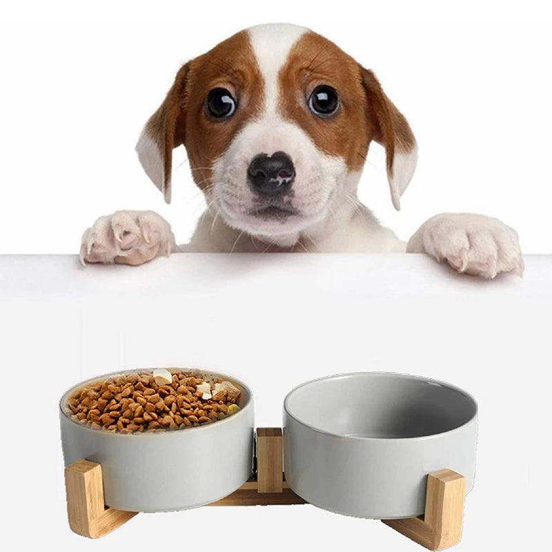 Ceramic Pet Bowl for Dog Cat Round Durable Double Dish Food Water Elevated Feeder with Wood Stand Accessories