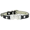 Luxury Shining Bling Bone Shape Rhinestone PU Leather Pet Blank Collar with Solid Pattern Small Dog Cat Collars with Buckle