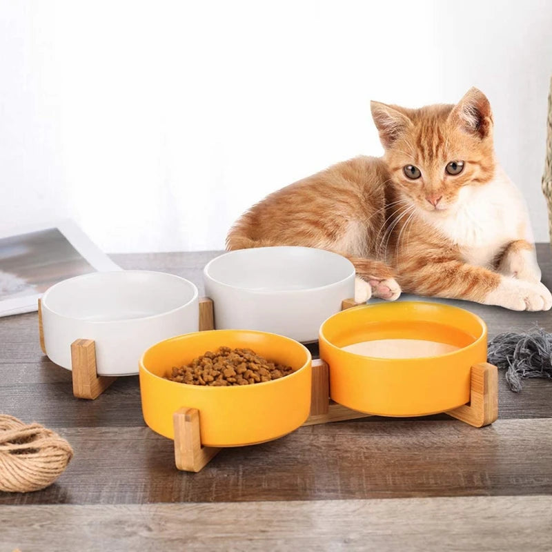 Ceramic Pet Bowl for Dog Cat Round Durable Double Dish Food Water Elevated Feeder with Wood Stand Accessories